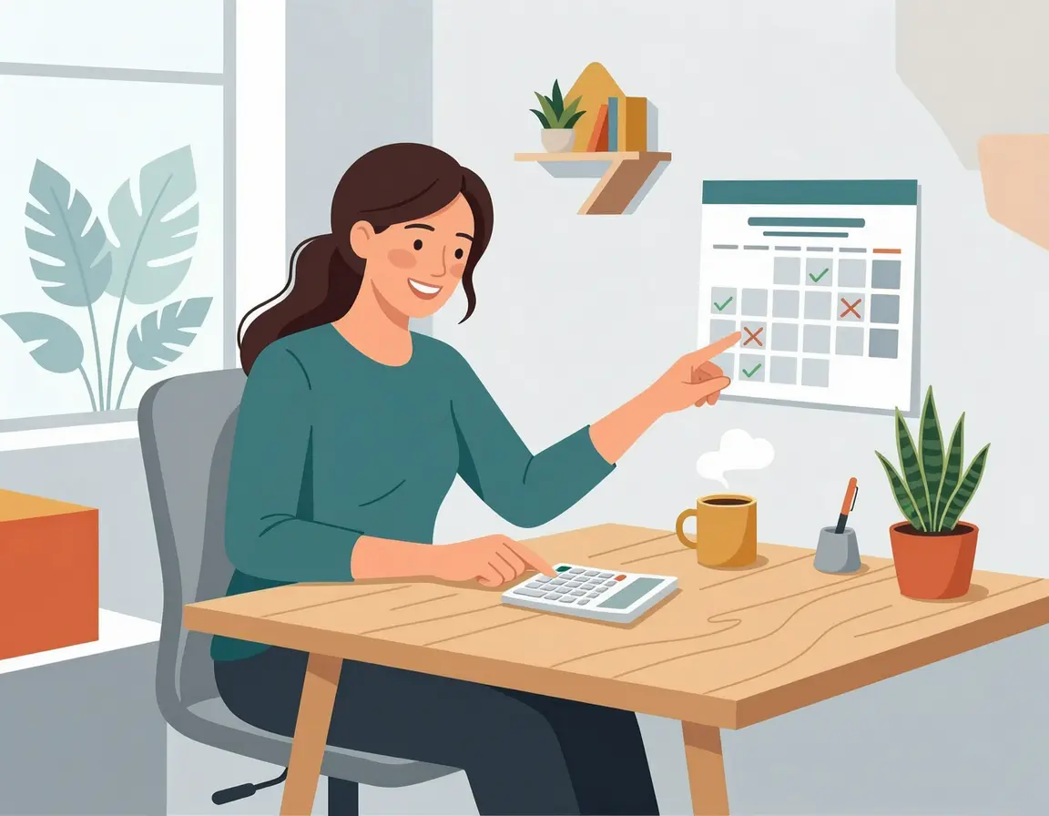 부모급여를 달력과 계산기를 보며 안도하는 30대 여성 일러스트