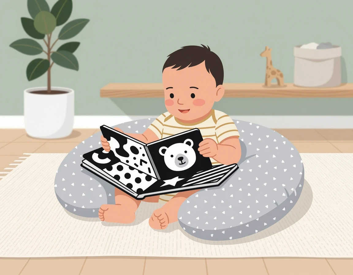 수유 쿠션을 받치고 초점책을 보는 아기