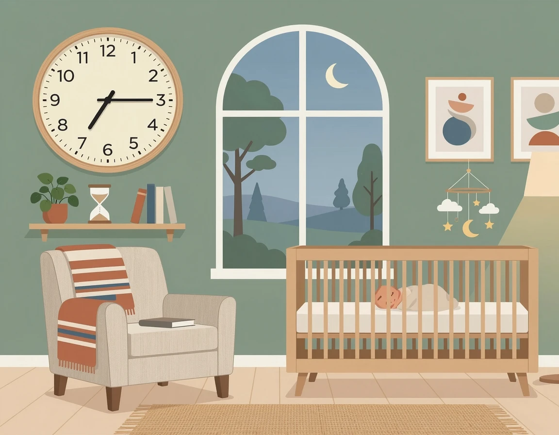 수면교육 후 아기 침대와 시간이 흘러가는 시계 일러스트
