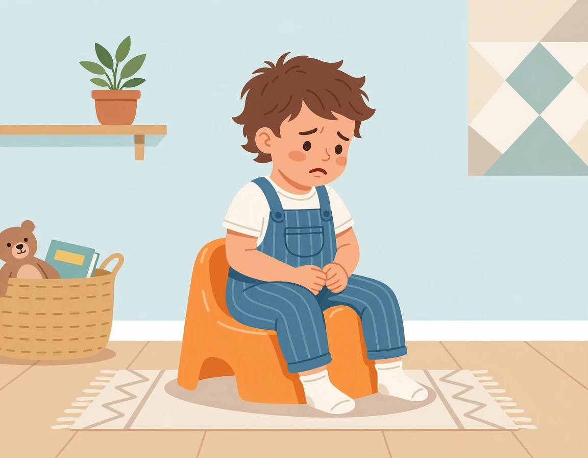 배변훈련을 위해 변기를 보고 스트레스 받는 아기 일러스트