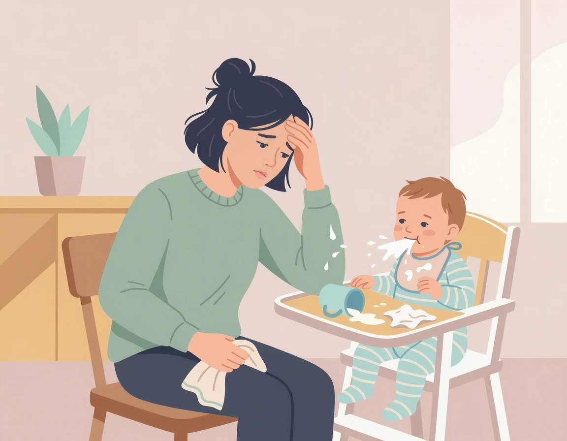 우유를 뱉어내는 아기와 당황한 엄마 일러스트