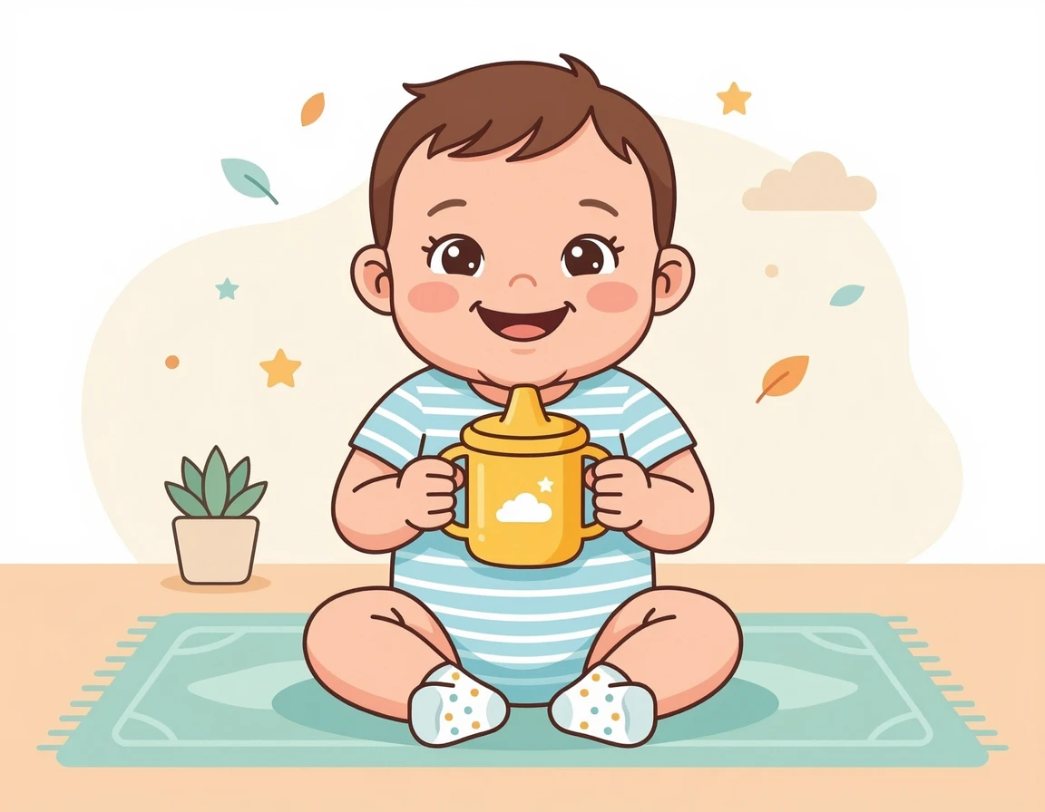 양손으로 노란색 트레이닝 컵을 쥐고 마시는 아기