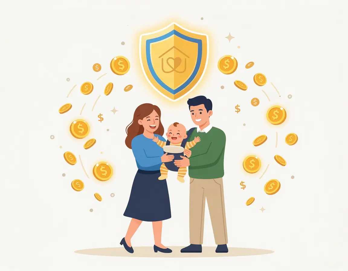아기와 함께 웃고 있는 가족과 경제적 혜택을 상징하는 일러스트