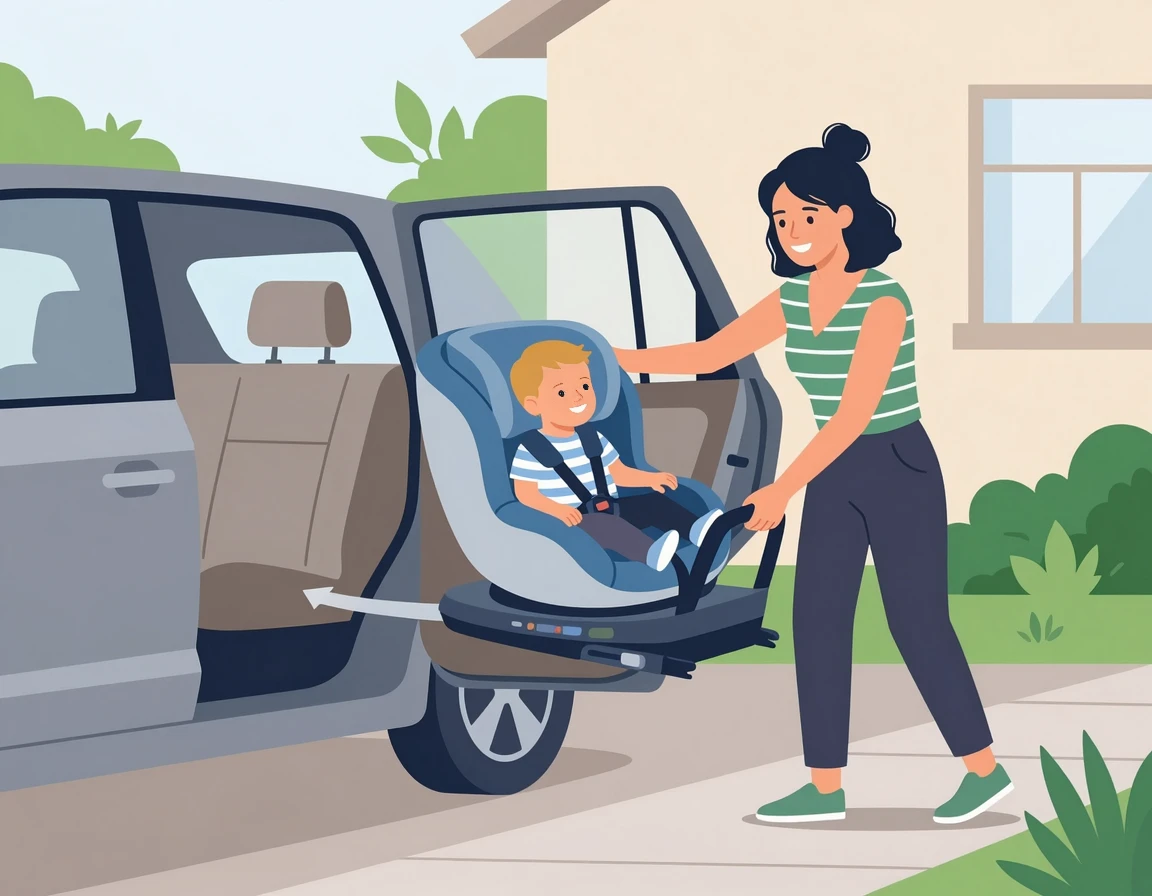 차량 문 쪽으로 부드럽게 회전하는 토들러 카시트와 엄마