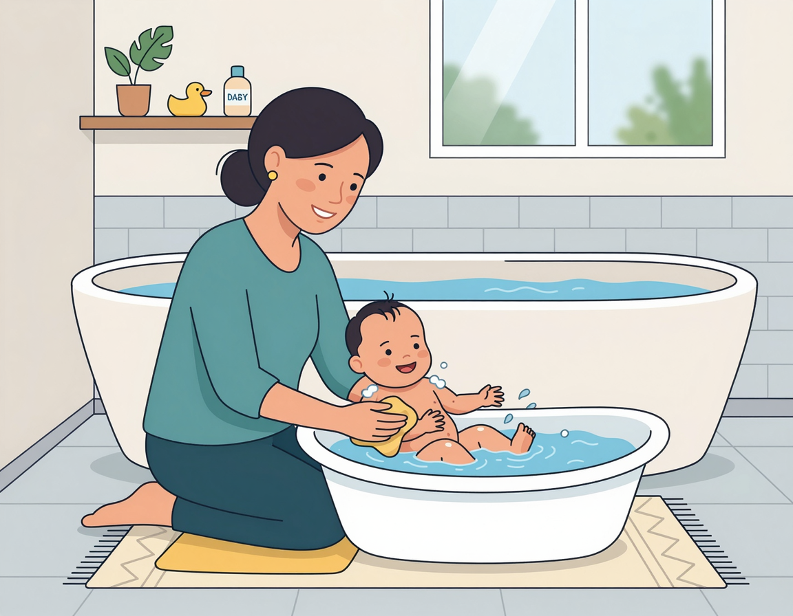 따뜻한 물에서 아기를 목욕시키는 엄마의 모습