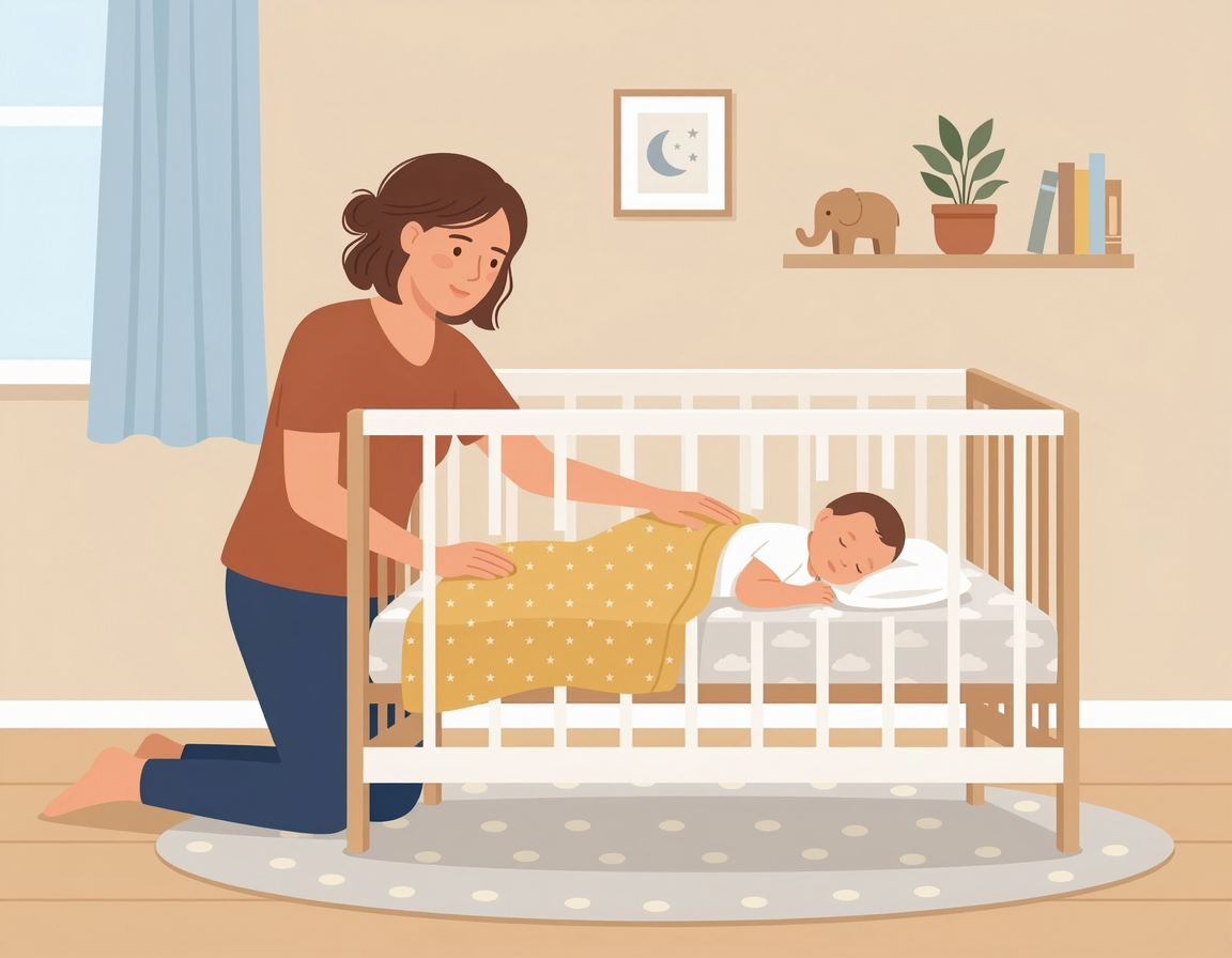 아기 침대에 누워 있는 아기를 다정하게 토닥이는 엄마