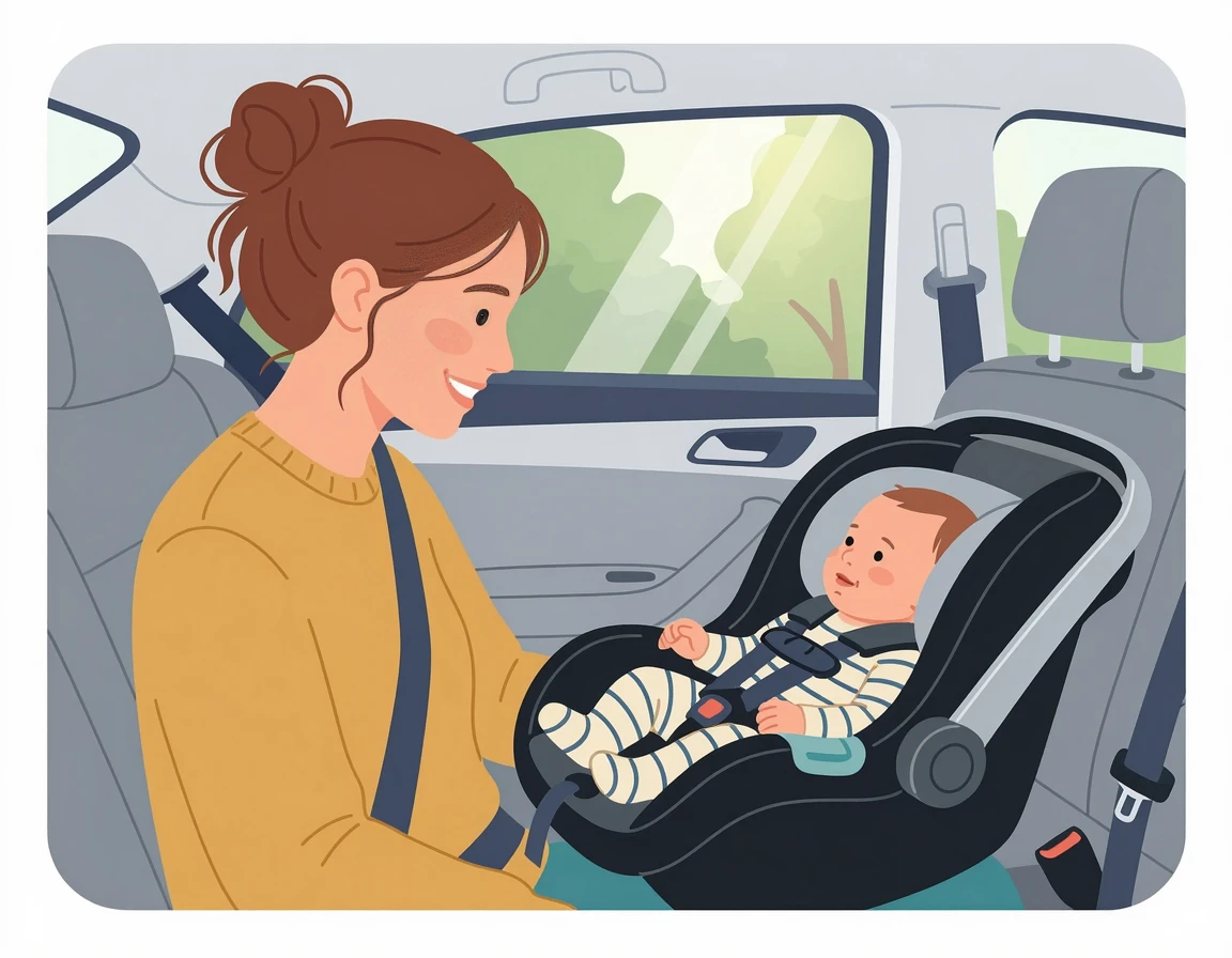 바구니 카시트에 누워있는 아기를 바라보는 엄마