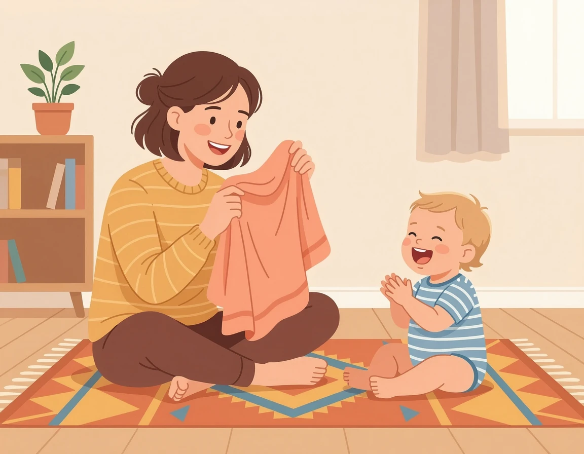 수건으로 까꿍 놀이를 하며 언어 자극을 주는 엄마와 아기