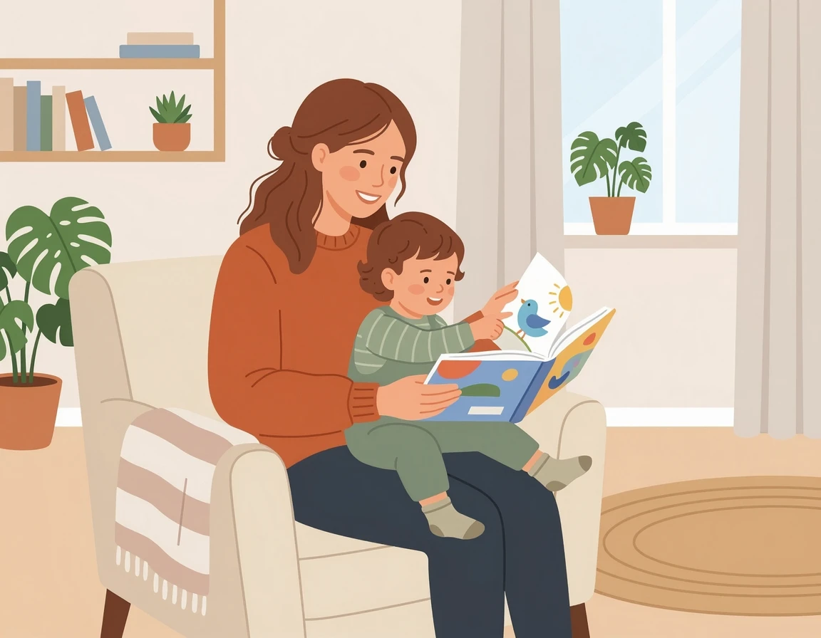 아기를 무릎에 앉히고 그림책을 읽으며 상호작용하는 엄마