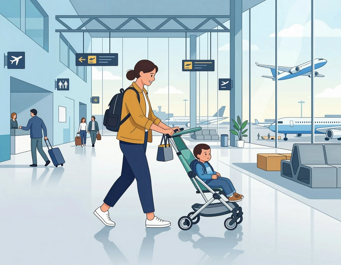 공항에서 아이와 함께 휴대용 유모차를 밀고 가는 엄마 일러스트