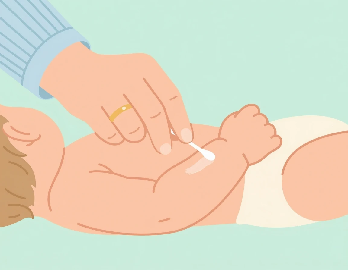 아기 피부에 연고를 얇게 펴 바르는 모습