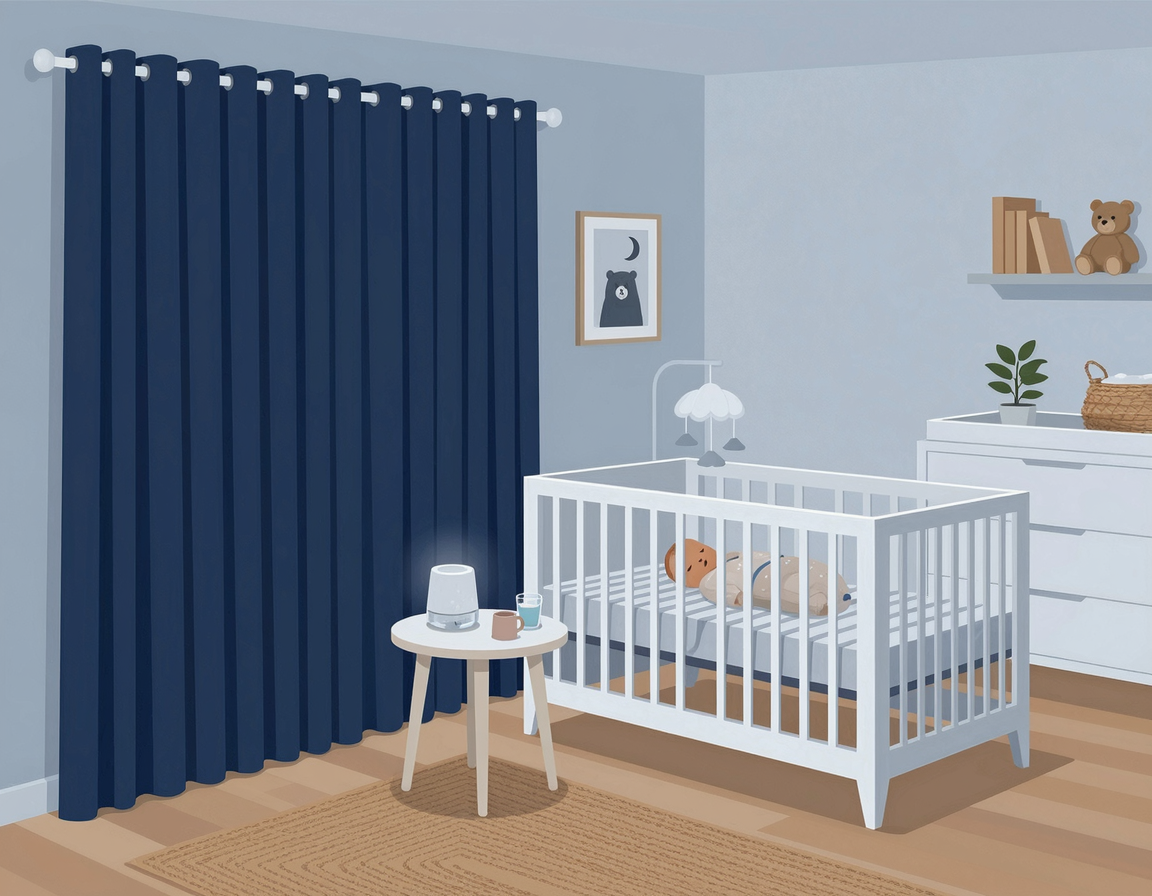 암막 커튼과 백색소음기가 있는 평화로운 아기 방 풍경