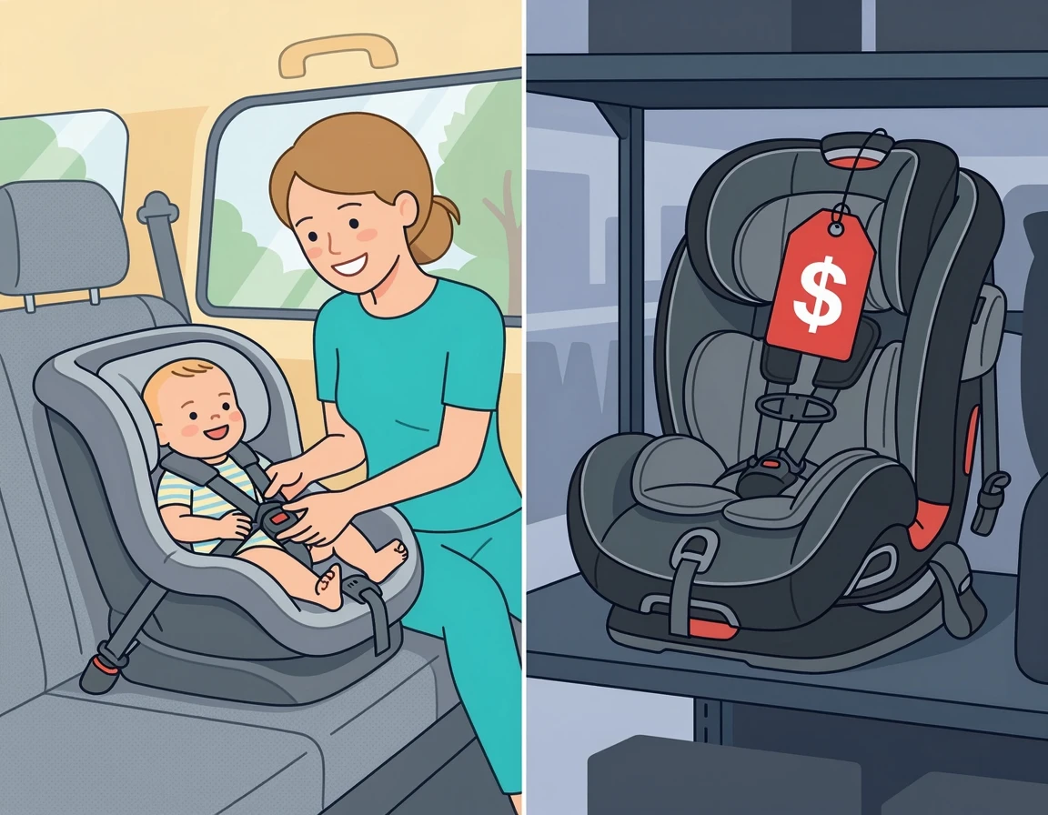 회전형 카시트의 편리함과 무거운 무게를 비교하는 일러스트