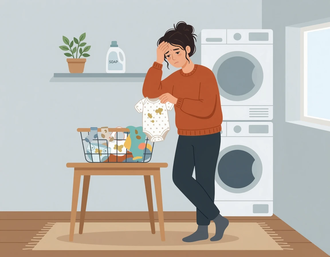 얼룩진 아기 옷을 보며 난감해하는 엄마의 모습