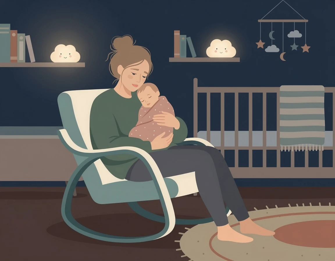 밤에 아기를 안고 있는 지친 엄마 일러스트