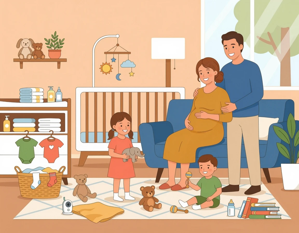 셋째 임신을 기뻐하는 다자녀 가족 일러스트