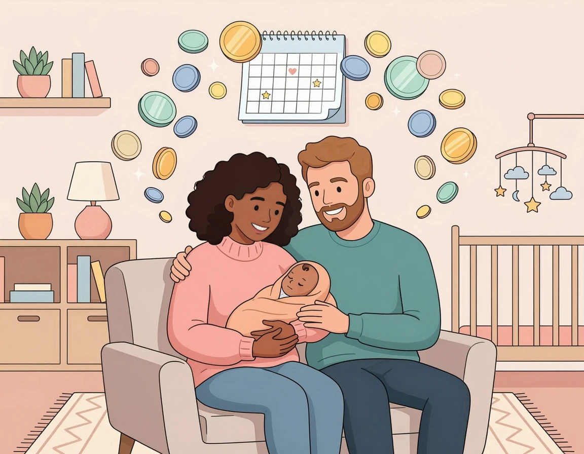 2026년 육아 지원 정책을 준비하는 부모와 아기 일러스트