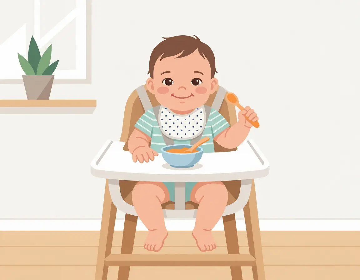 하이체어에 바르게 앉아있는 아기 일러스트