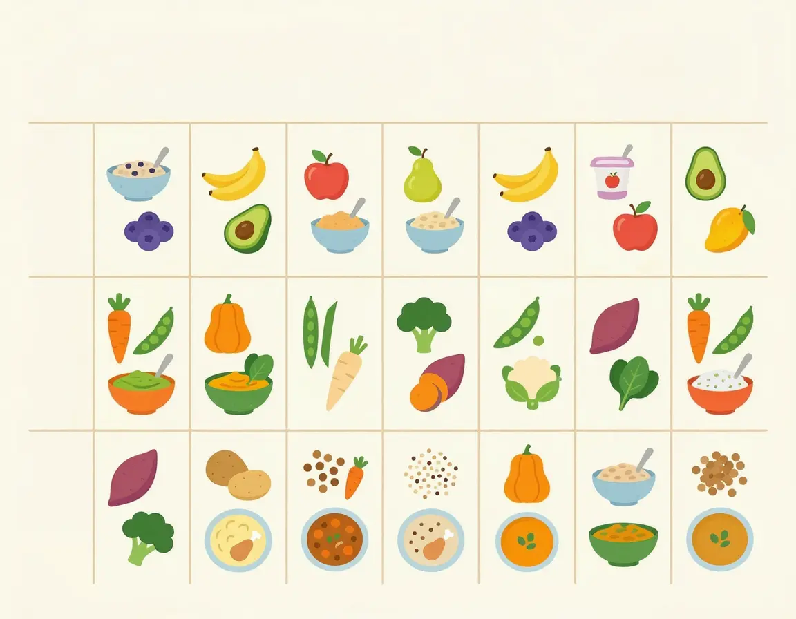 채소 아이콘이 그려진 아기 이유식 식단표 일러스트