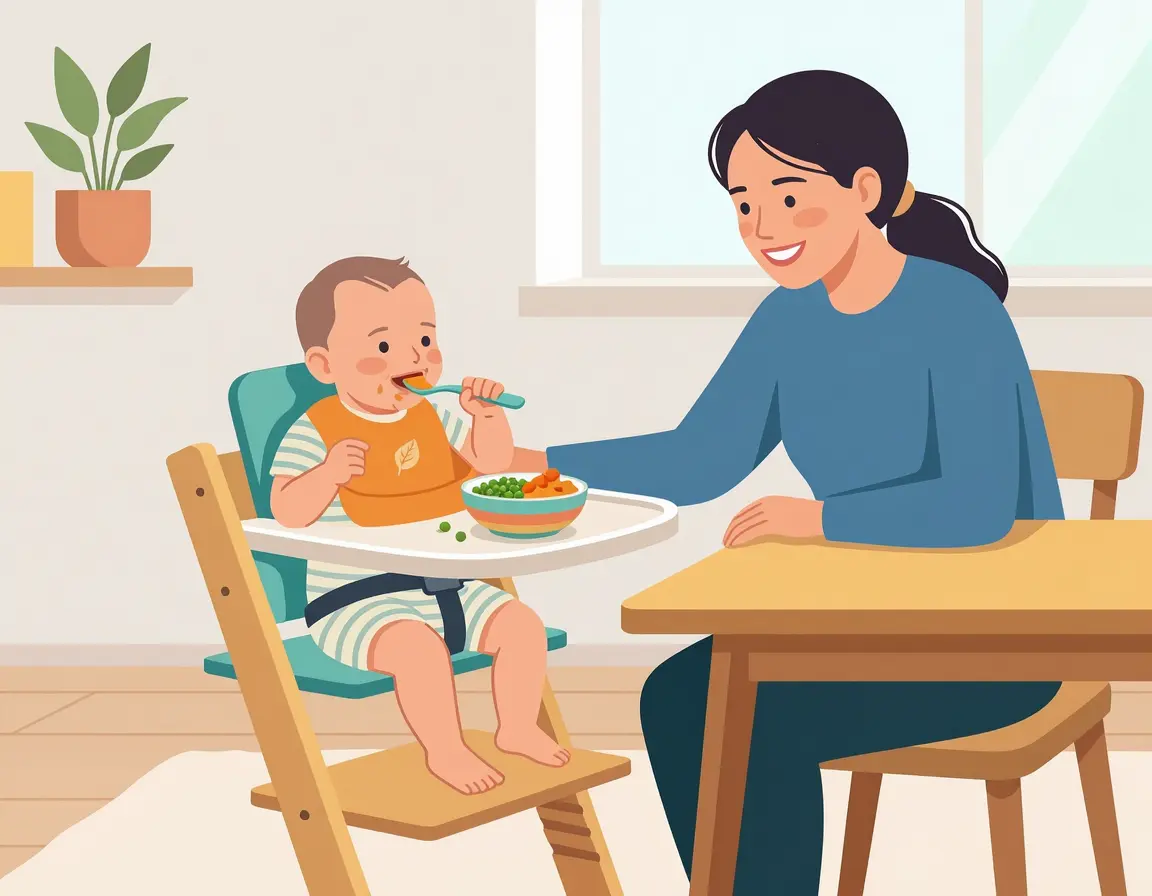 아기가 밥 먹는 모습을 주의 깊게 지켜보는 엄마 일러스트