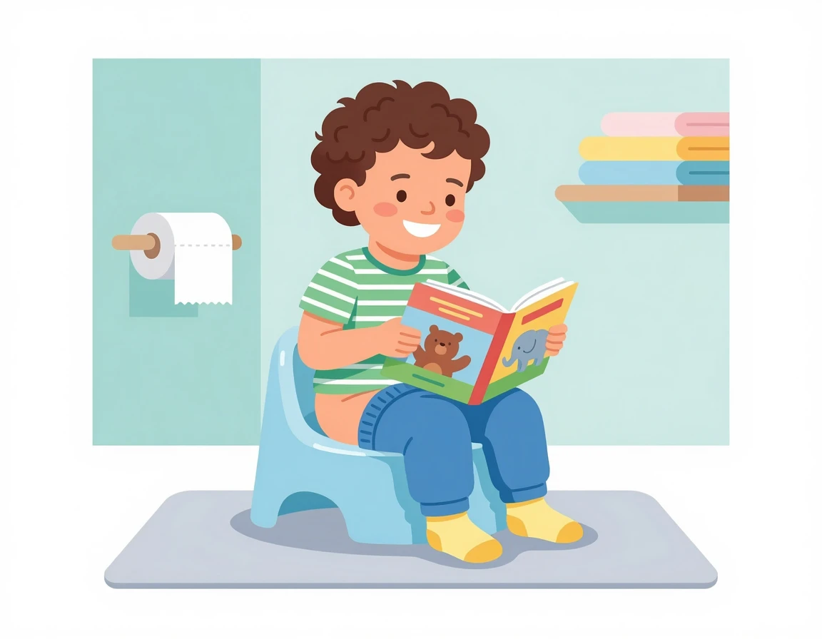 옷을 입고 변기에 앉아 책을 보는 아기