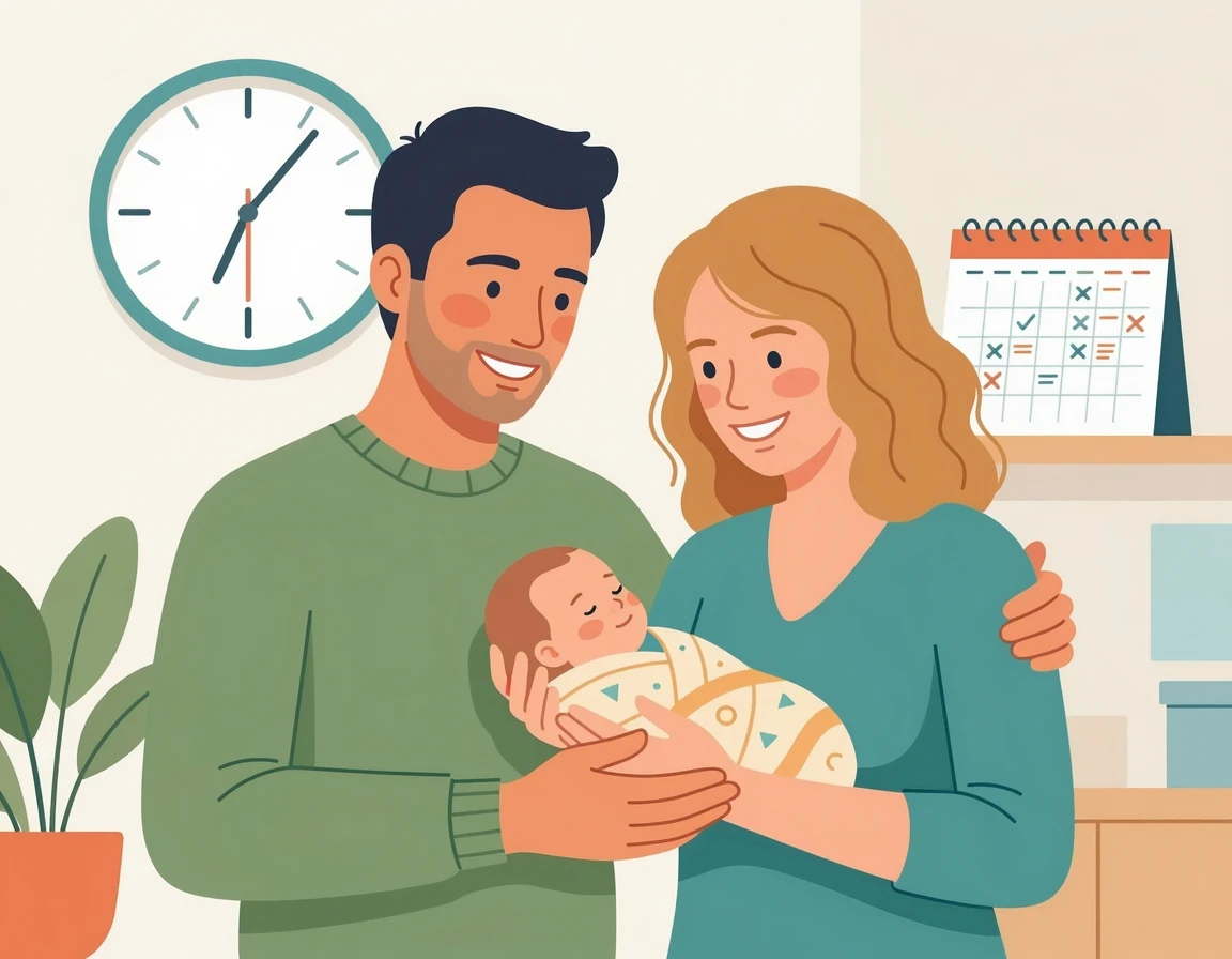 아기를 안고 웃고 있는 맞벌이 부부와 늘어난 시간을 상징하는 달력 일러스트