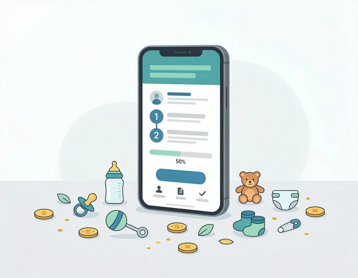 스마트폰으로 육아휴직 급여를 신청하는 화면과 아기 용품 일러스트