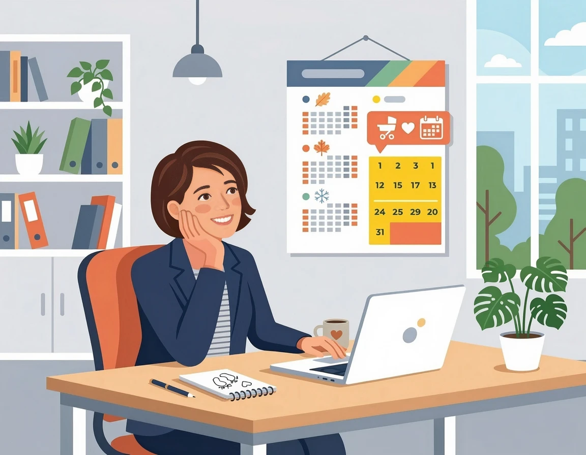 육아휴직을 고민하며 달력을 보는 워킹맘 일러스트