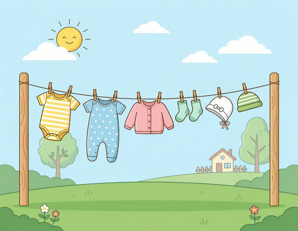 얼룩이 지워져 깨끗해진 아기 옷이 빨랫줄에 널려있는 모습