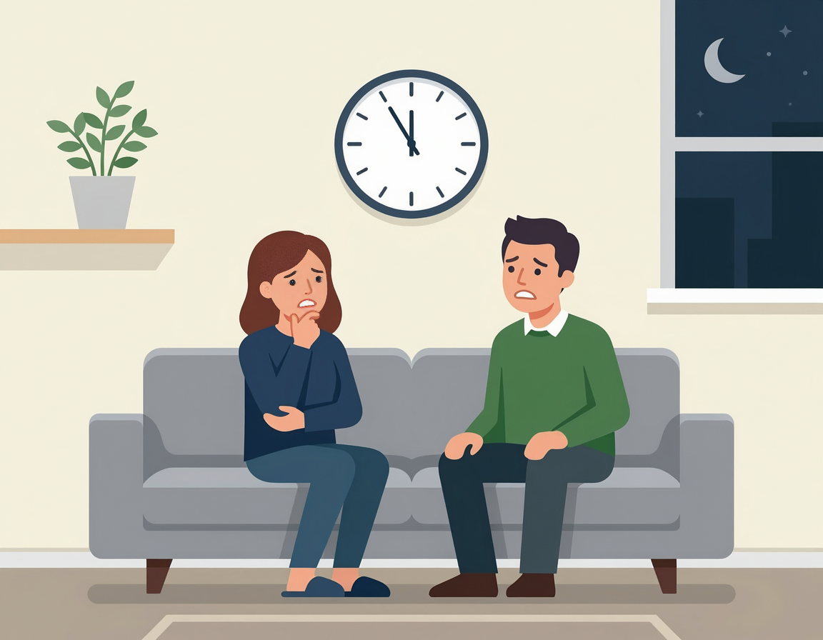 시계를 보며 걱정스러운 표정을 짓는 부모의 모습