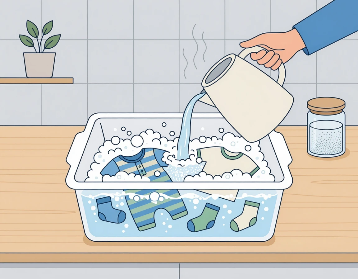 대야에 담긴 아기 옷에 뜨거운 물을 부어 과탄산소다 거품이 일어나는 모습