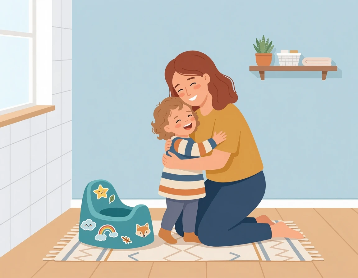 스티커로 꾸민 변기 옆에서 아기를 안아주는 엄마