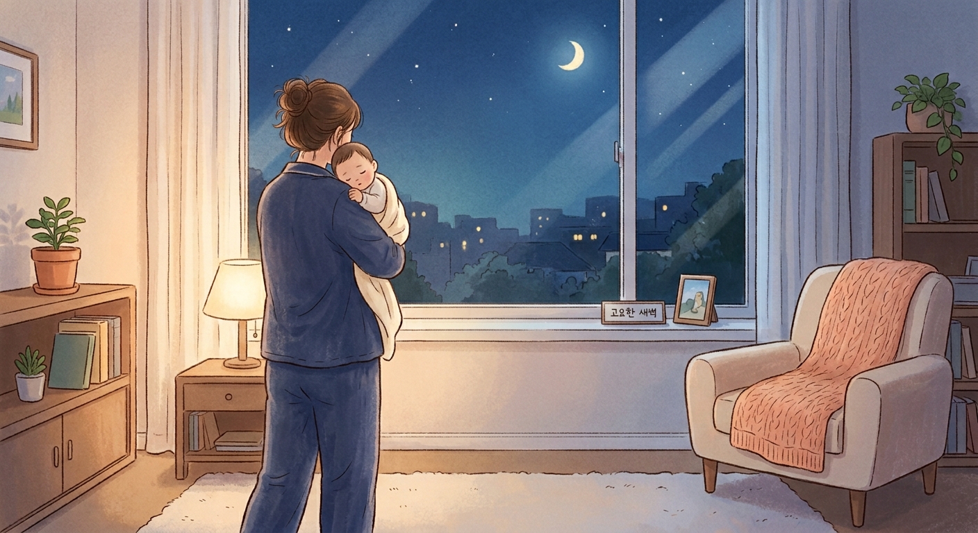 새벽에 아기를 안고 있는 엄마 모습