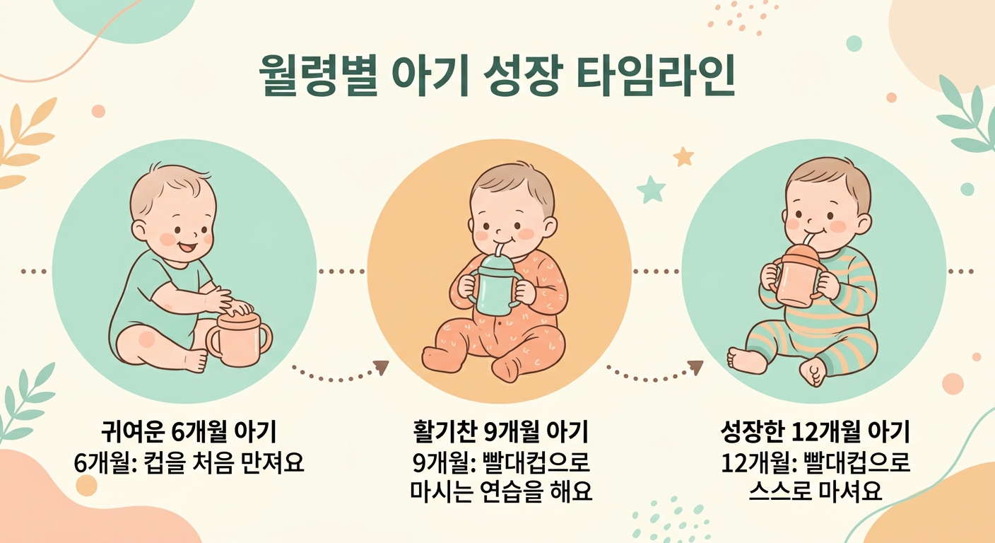 6개월부터 12개월까지 월령별 젖병 떼기 타임라인 일러스트