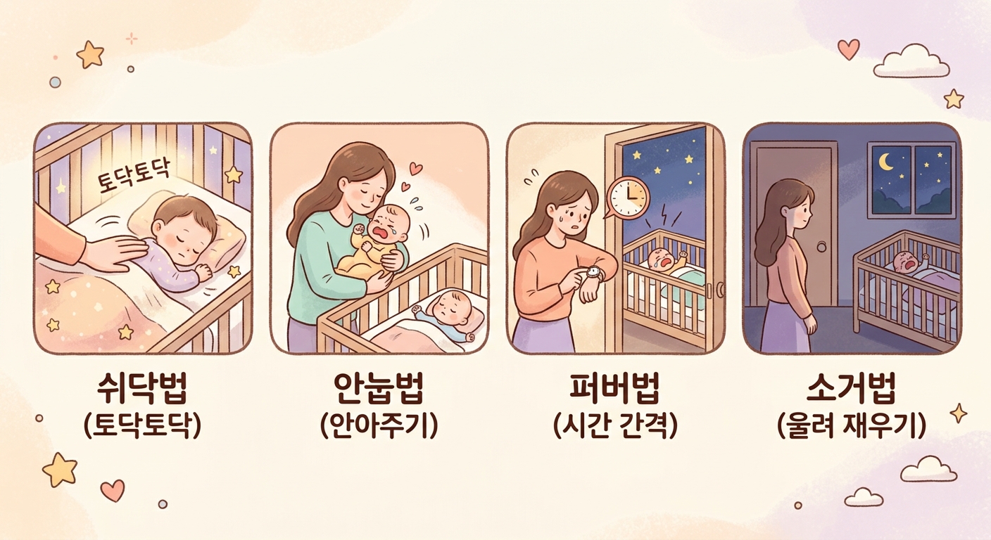 아기 수면교육 방법 4가지 비교 일러스트 - 쉬닥법 안눕법 퍼버법 소거법