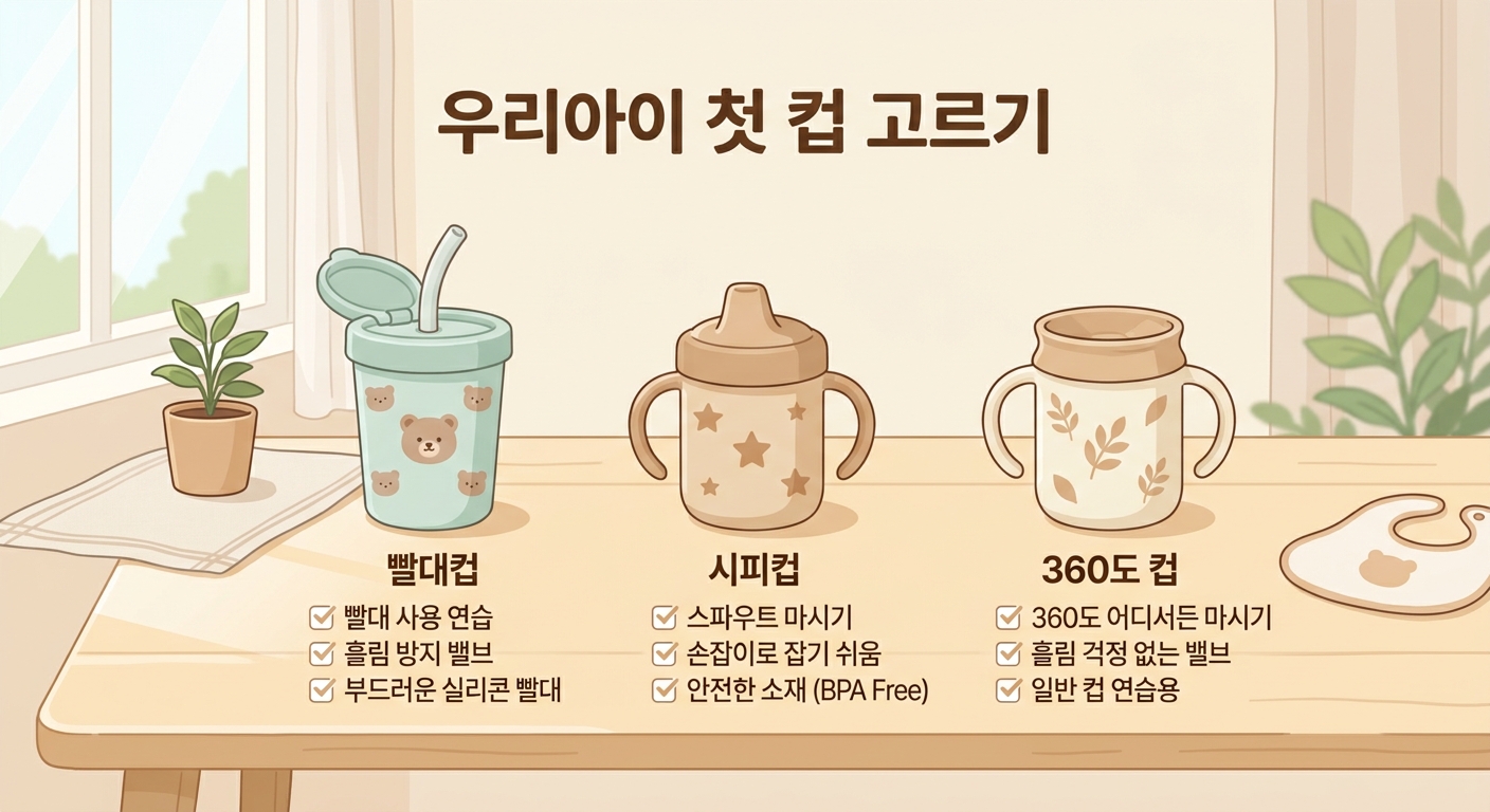 빨대컵, 시피컵, 360도 컵 세 종류 비교 일러스트