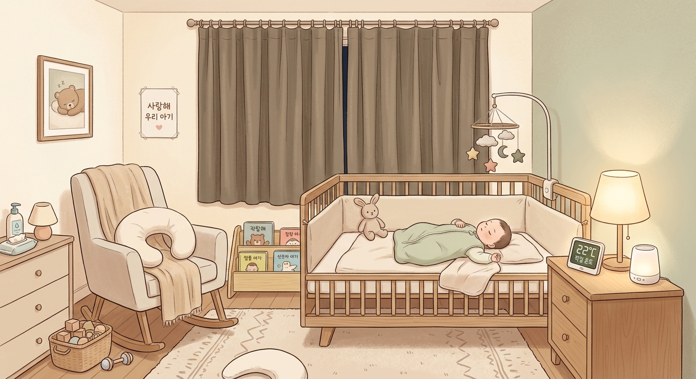 안전한 아기 수면 환경 - 적정 온도 암막 커튼 백색소음기 슬립백