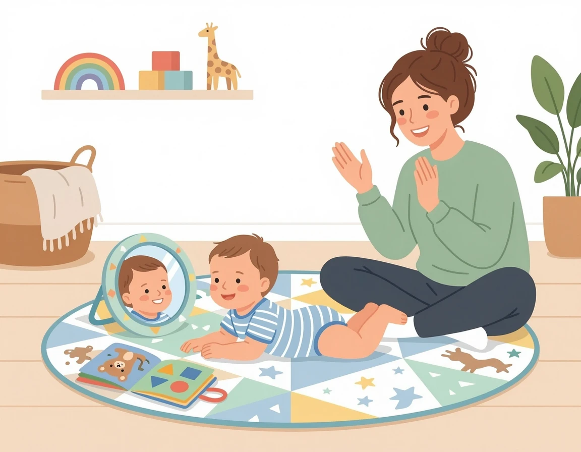 거울과 장난감을 보며 엎드려 노는 아기