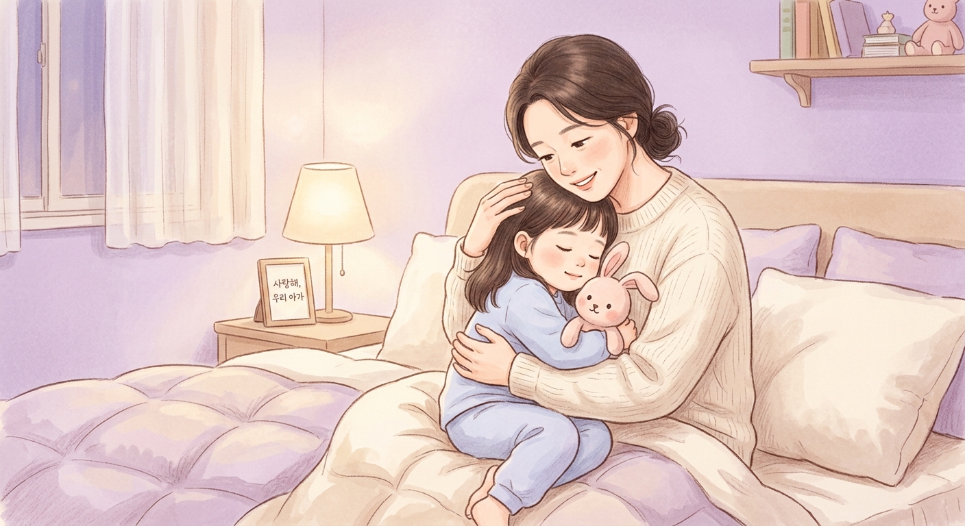 엄마가 아이를 안아주며 토닥이는 따뜻한 장면