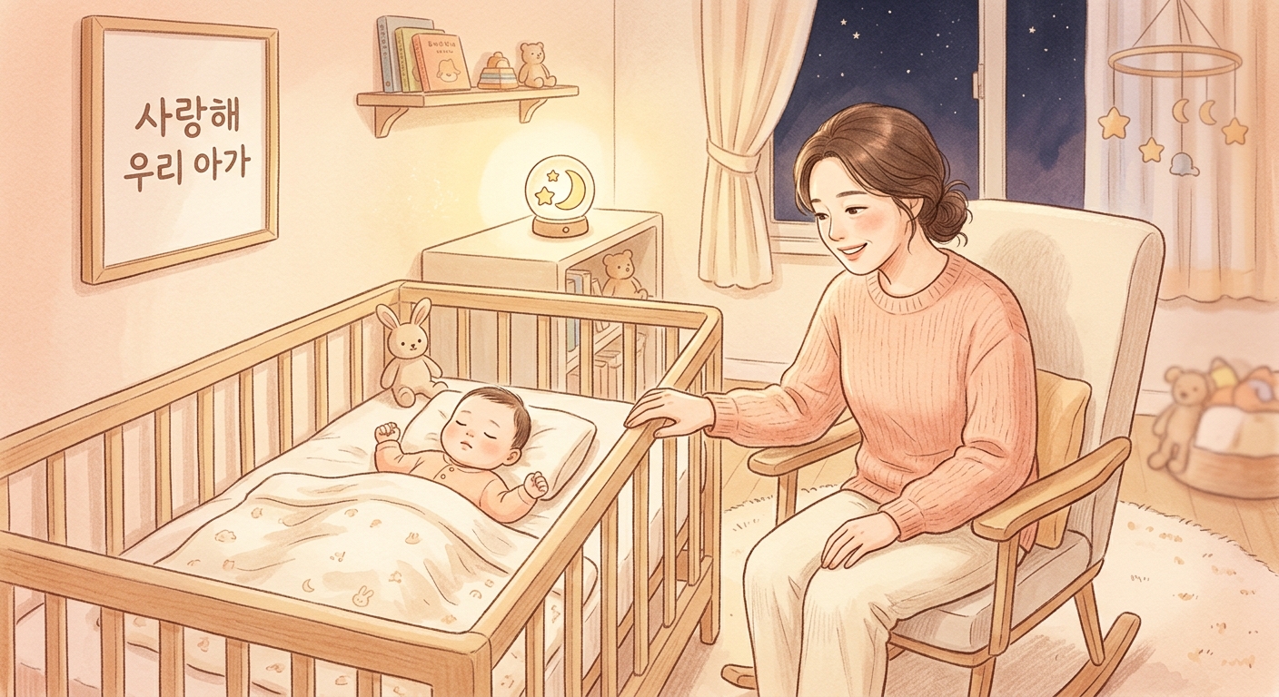 잠든 아기를 바라보며 미소 짓는 엄마