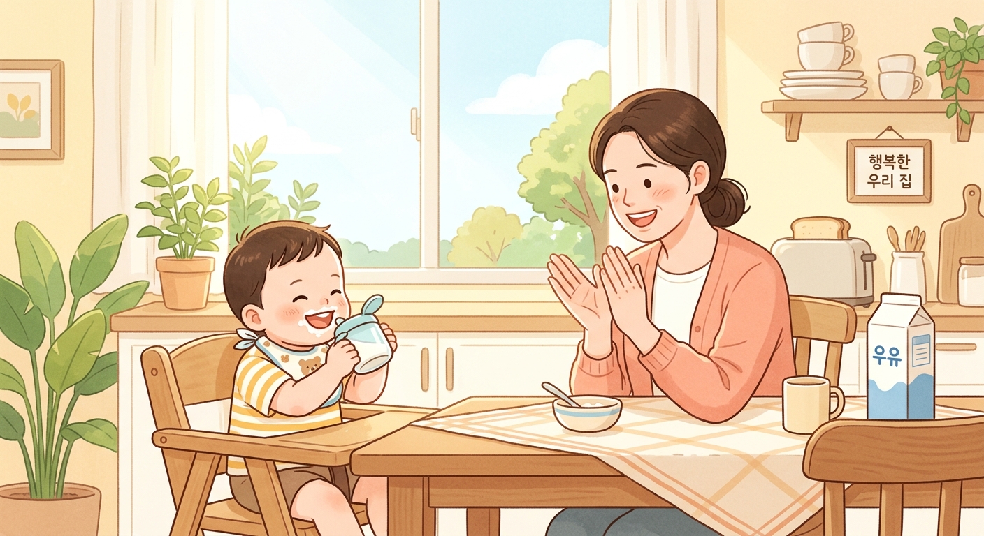 아기가 컵으로 우유를 마시며 웃고 엄마가 박수치는 장면