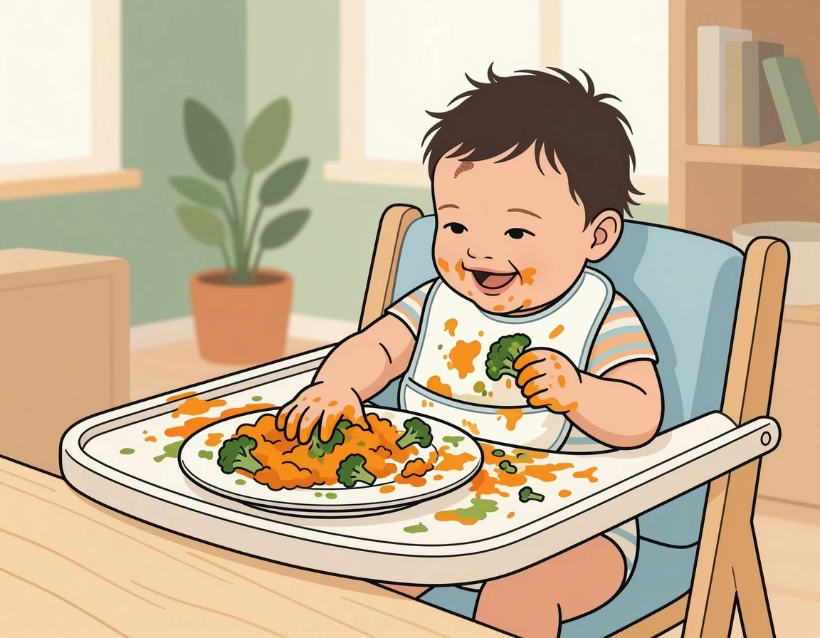 찐 채소와 고구마를 손으로 만지며 탐색하는 자기주도 이유식 모습