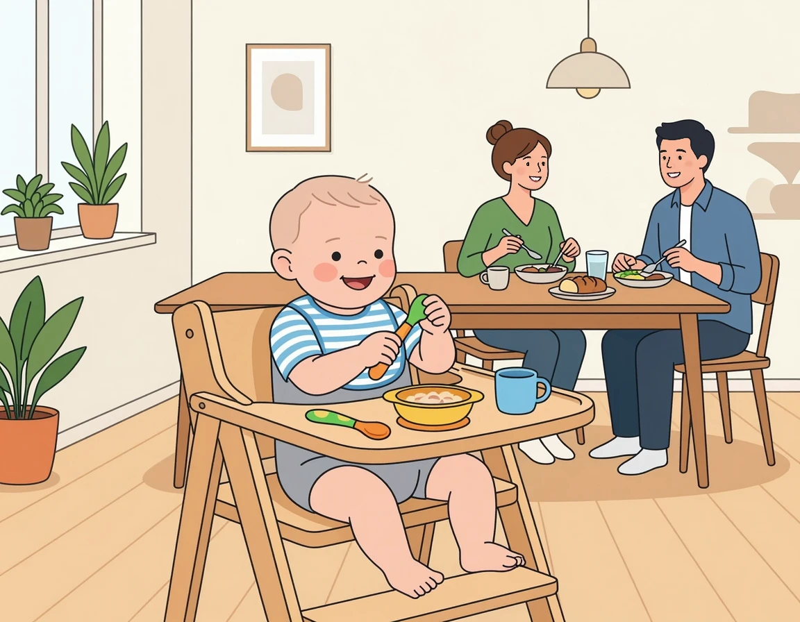 실리콘 숟가락을 장난감처럼 가지고 놀며 즐거워하는 아기