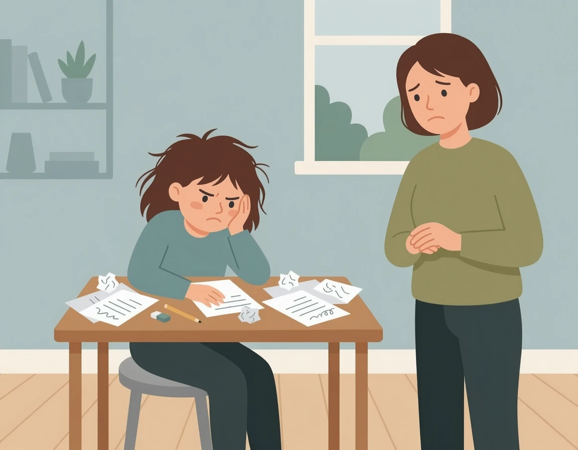 책상에 앉아 스트레스받는 아이와 걱정하는 부모의 모습