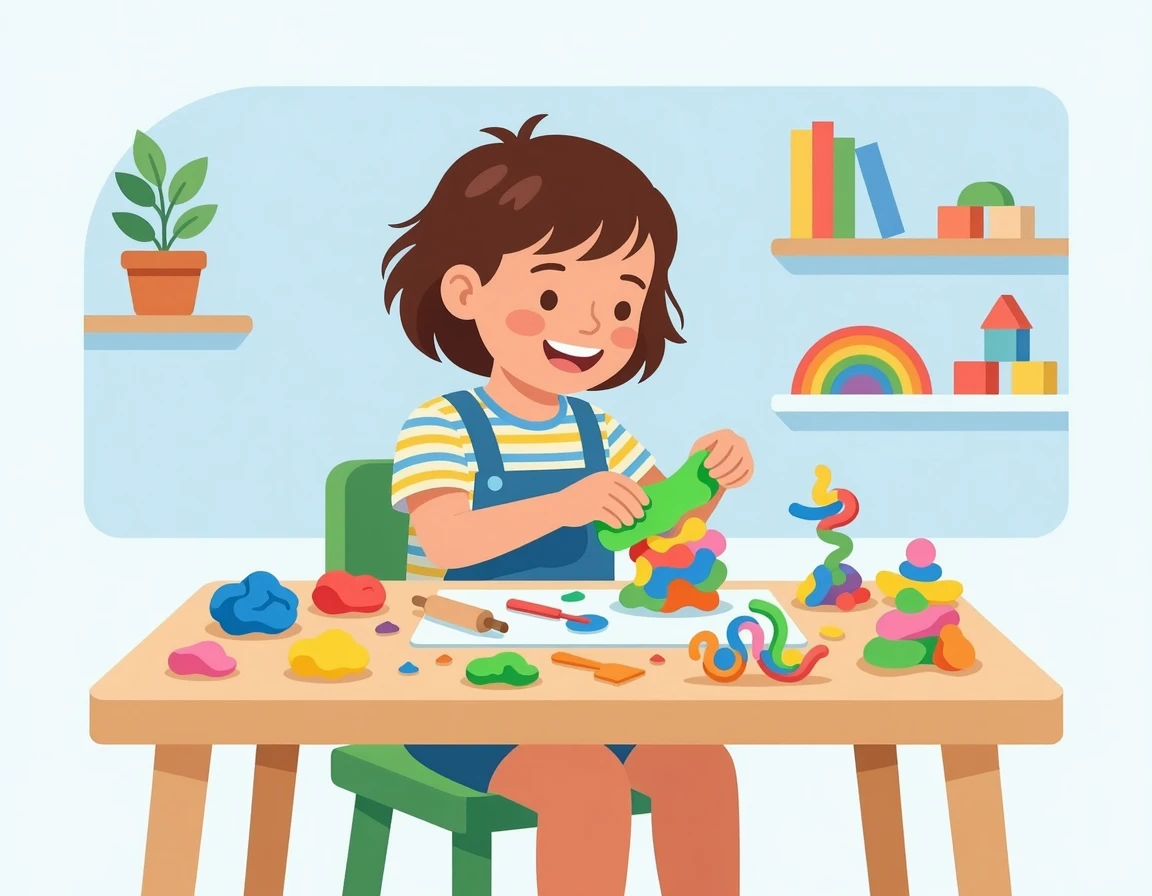 테이블에서 클레이로 모양을 만들며 즐겁게 노는 아이