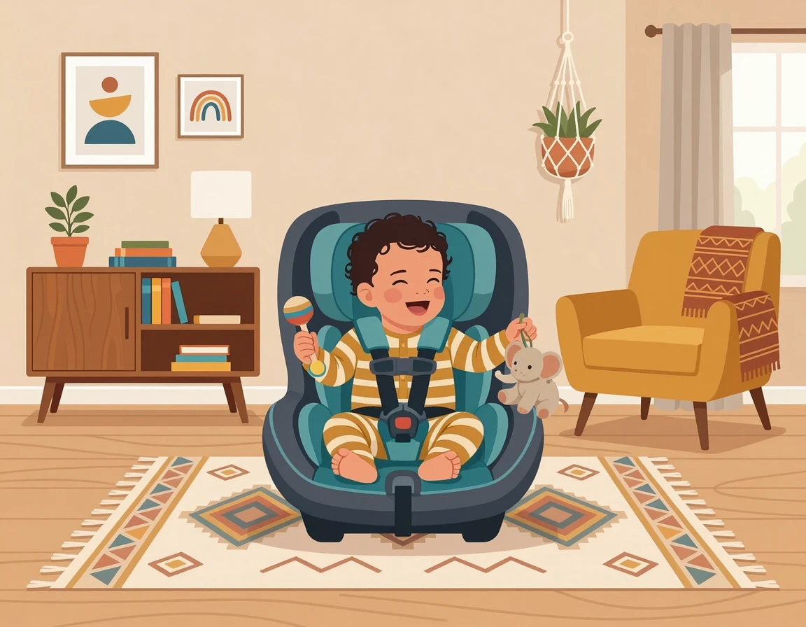 거실에서 카시트에 앉아 장난감을 가지고 노는 아기