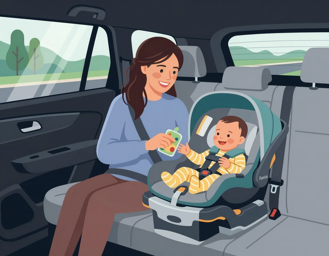 차 뒷좌석에서 아기에게 간식을 주며 달래는 엄마