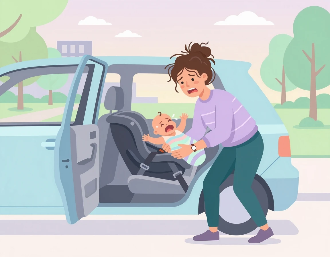 카시트 타기를 거부하며 우는 아기와 당황한 엄마 일러스트