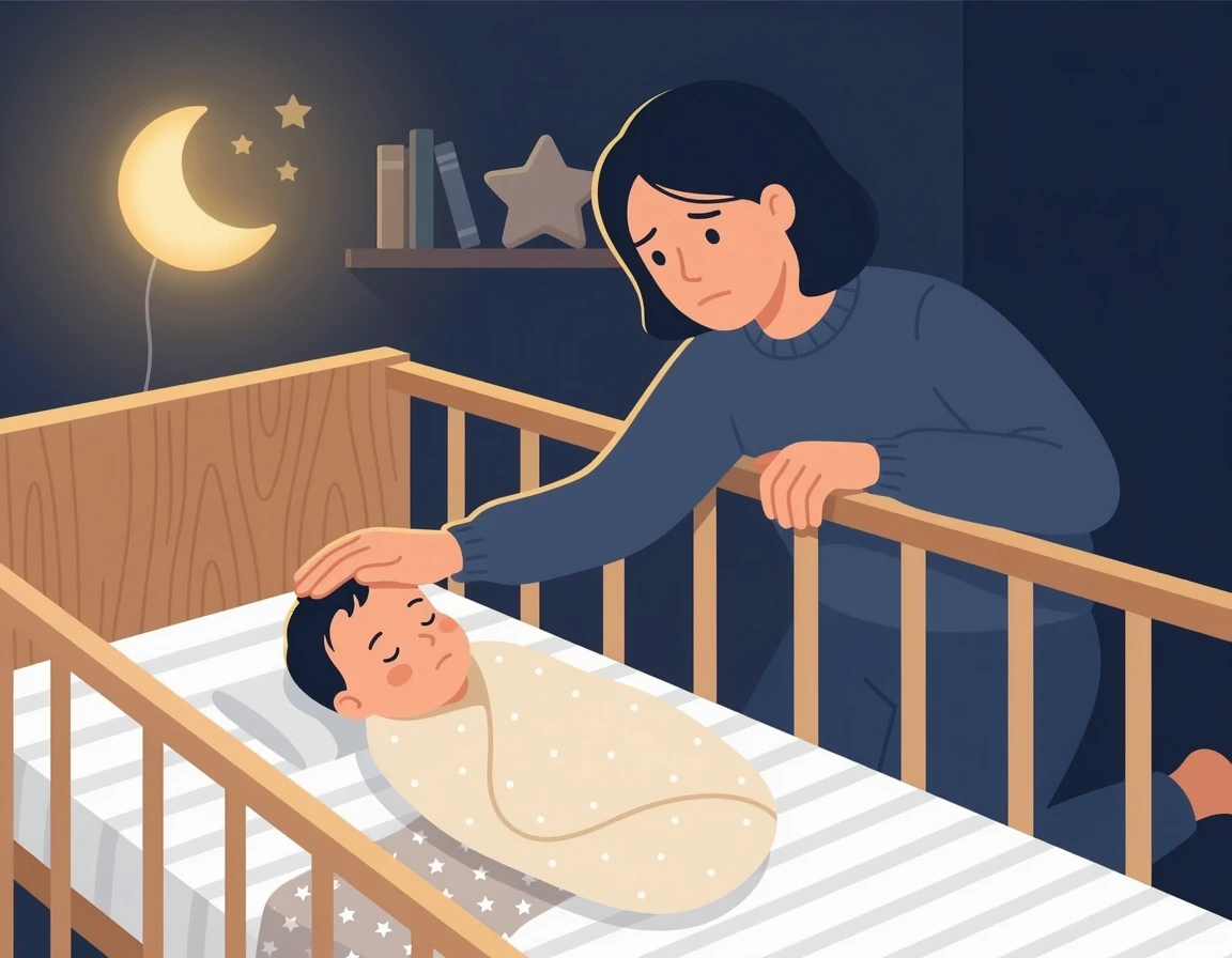열나는 2개월 아기를 걱정스럽게 바라보는 엄마 일러스트