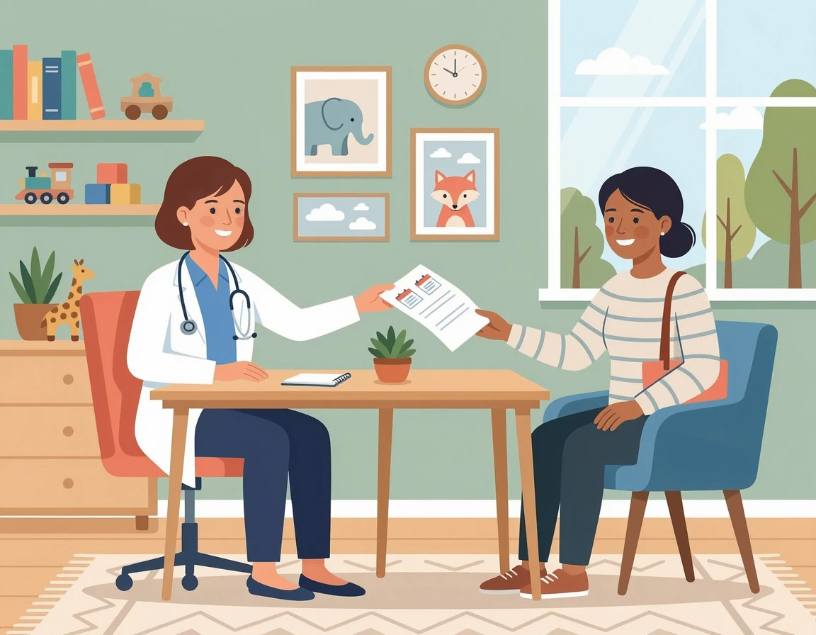 소아과 의사와 상담하며 서류를 받는 엄마